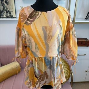 Ted Baker Yellow and Orange Peplum Blouse 3/4 Sleeve; Ted 2 = US 6
